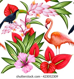 illustration of seamless pattern with exotic tropical flower and colorful bird