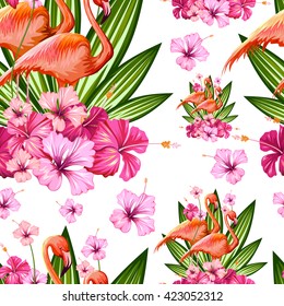 ilustración de un patrón ininterrumpido con flor tropical exótica y flamingo