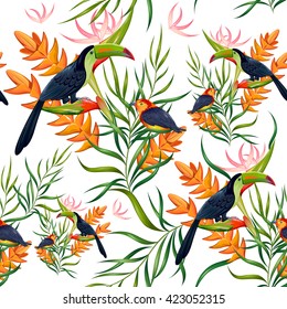 illustration of seamless pattern with exotic tropical flower and colorful bird