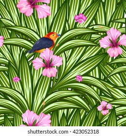 illustration of seamless pattern with exotic tropical flower and colorful bird