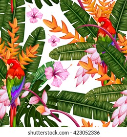 ilustración de un patrón ininterrumpido con flor tropical exótica y macau