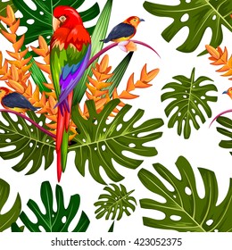 illustration of seamless pattern with exotic tropical flower and colorful bird