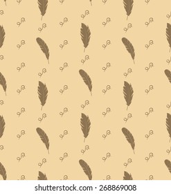 Illustration Seamless Pattern of Feathers with Ornate Elements, Vintage Wallpaper - Vector