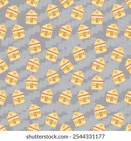 Illustration of a seamless pattern featuring a house-shaped cookie on a gray and white checkered background.