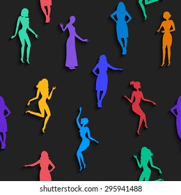 Illustration of seamless pattern with female paper cutouts in various colors