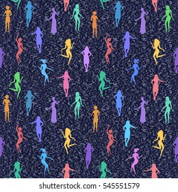 Illustration of seamless pattern with female paper cutouts in various colors