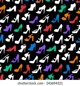 Illustration of seamless pattern with female shoes in various colors on black background 