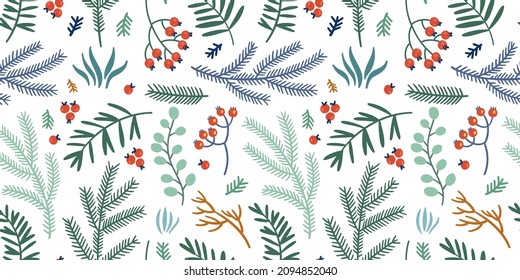 Illustration of a seamless pattern of fir branches, rowan branches, berries, botanical elements. Cute simple style. Suitable for winter holidays and natural botanical motives.White background. 