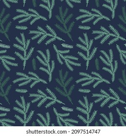 Illustration of a seamless pattern of fir branches. Cute simple style. Suitable for winter holidays and natural botanical motives.