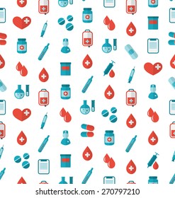 Illustration Seamless Pattern with Flat Medical Icons, Repeating Backdrop - Vector