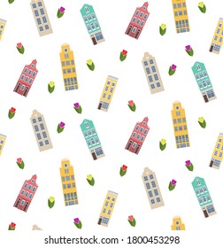 Illustration of seamless pattern in flat style. Multicolored houses, flowers tulips. Can be used in web design, infographics, postcards, banners, flyers, holiday wrapping paper.