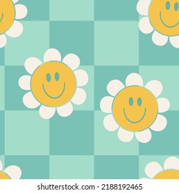 Illustration of seamless pattern floral pattern in retro style. Smiling flowers on a colored background. Cute style. Universal use.