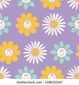 Illustration of seamless pattern floral pattern in retro style. Smiling flowers on a colored background. Cute style. Universal use.