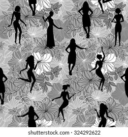 Illustration of seamless pattern with flowers and female silhouettes in black, grey and white colors