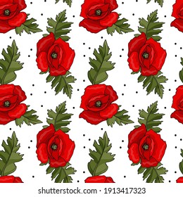 Ilustración sin fisuras de flores y hojas. Flores rojas de amapola, brotes, vainas de semillas, tallos. Los objetos están aislados en un fondo blanco. Estilo de doodle lindo.