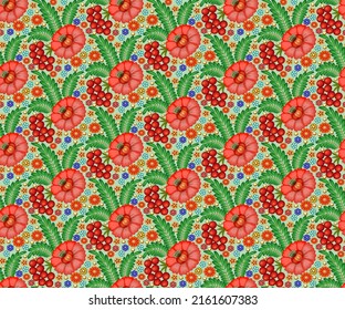 Ilustración de un patrón sin soldadura con flores y bayas