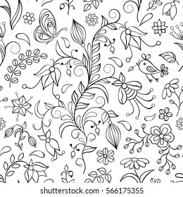 Illustration of seamless pattern with flowers and other elements on white background. Coloring page for children and adult.Vector illustration.