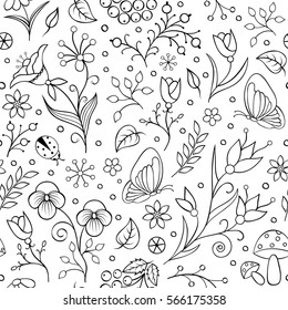 Illustration of seamless pattern with flowers and other elements on white background. Coloring page for children and adult.Vector illustration.