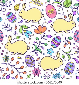 Illustration of seamless pattern with flowers,bunnies, and easter eggs on white background. Vector illustration.