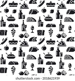 Illustration of the seamless pattern of a food and grocery in a black and white color.