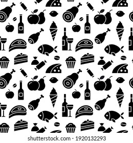 Illustration of the seamless pattern of a food and meal in a black and white color.