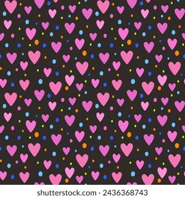 Illustration of a seamless pattern in the form of pink hearts and multicolored dots on a dark background. Cute romantic print, festive background for Valentine's day, romantic wedding design.