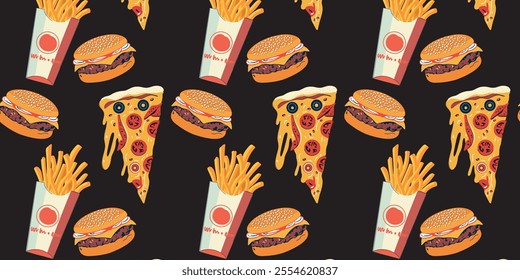 Illustration of a seamless pattern with French fries, pizza, and burgers in vector style