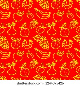 illustration of seamless pattern of fruits and berries in red color