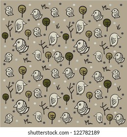 Illustration of seamless pattern with funny birds and green trees