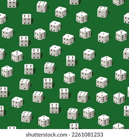 Illustration of a seamless pattern with a game dice on a green background