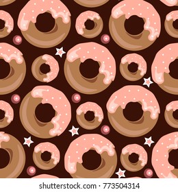 Illustration of seamless pattern with glazed donuts. Design for packaging, banner, poster, menu in the bakery. Vector.