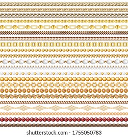 Illustration seamless pattern gold jewelry chains and beads borders isolated on white