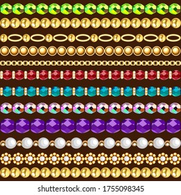 Illustration seamless pattern gold jewelry chains and beads borders 