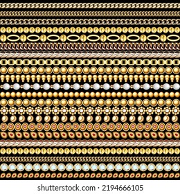 Illustration seamless pattern gold jewelry chains and beads borders 