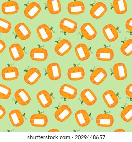 Illustration of a seamless pattern of Halloween evil orange pumpkins in medical masks from the virus on a green background