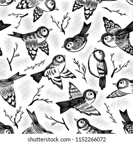 Illustration of seamless pattern with hand drawn birds and sprigs. Sketch sparrows and twigs
