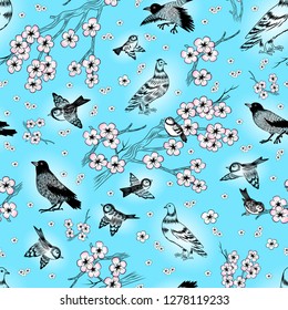 Illustration of seamless pattern with hand drawn magpies, sparrows, pigeons and cherry blossom branches