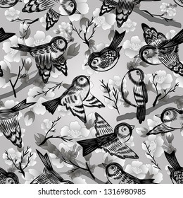 Illustration of seamless pattern with hand drawn sparrows and cherry blossom branches
