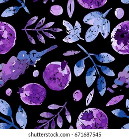 Illustration of seamless pattern with hand-made watercolor leaves and berries