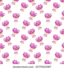An illustration of a seamless pattern of heart-shaped flower bouquets. 
