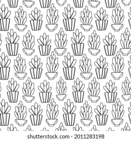 Illustration seamless pattern. Home plants succulents in pots. Cute simple doodle style. Black line on a white background.