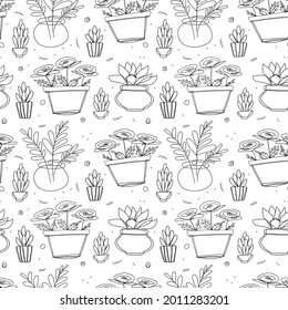Illustration seamless pattern. Home plants roses and succulents in pots. Cute simple doodle style. Black line on a white background.