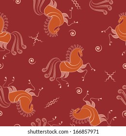 illustration seamless pattern of a horse in the style of Russian folk art with symbols of good luck wishes 