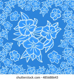 Illustration of seamless pattern with leaves and flowers in blue and white colors