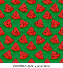 Illustration of a seamless pattern of many watermelon slices on a green background.