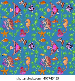 illustration seamless pattern marine life with colorful fish, corals, algae