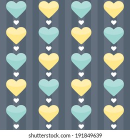 Illustration of Seamless pattern with mint and yellow hearts on a blue