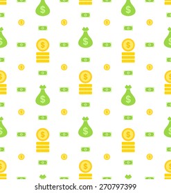 Illustration Seamless Pattern with Money Bag, Bank Notes, Coins, Flat Finance Icons - Vector