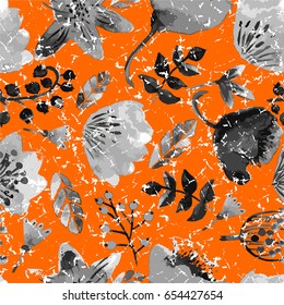 Illustration of a seamless pattern with monochrome black and white watercolor hand-made flowers and leaves on a bright background