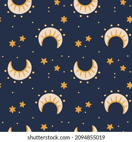 Illustration of a seamless pattern from the moon and stars. Simple cute style. Astronomical, mystical, astrological themes. Objects on a dark background.